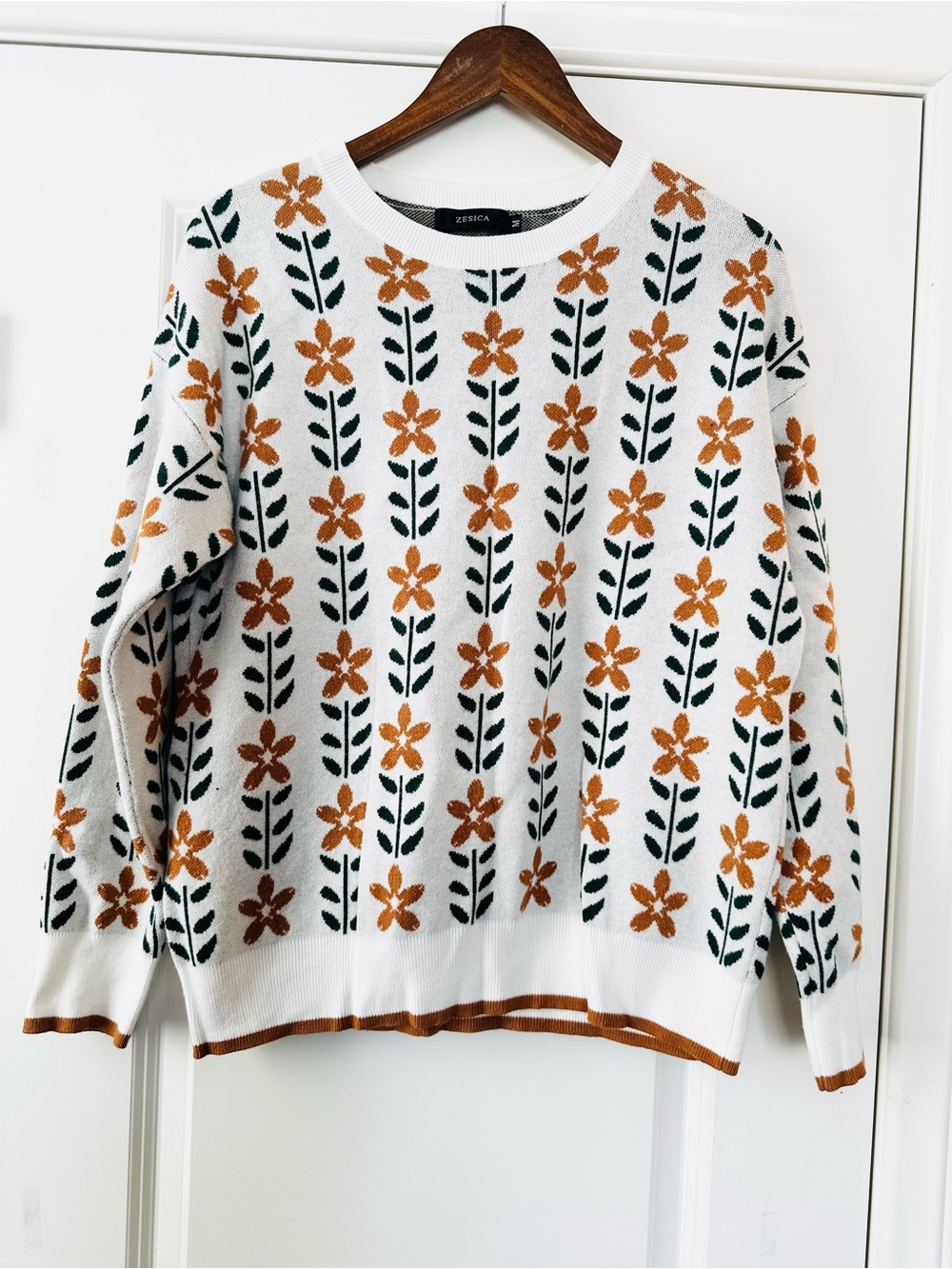 Zesica White Rust Floral Crewneck Knit Sweater Cottagecore Medium